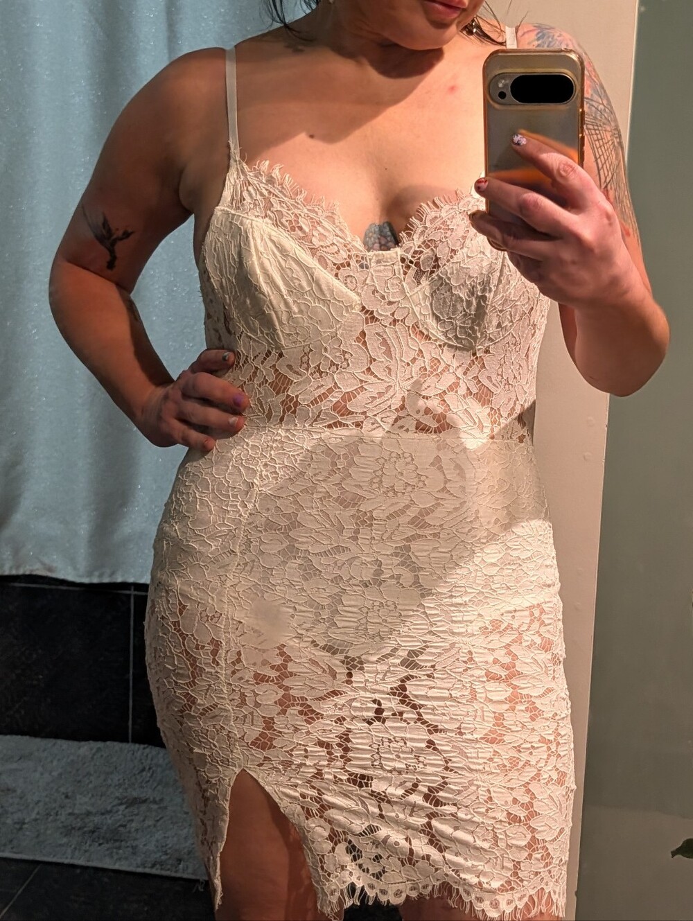 Charlotte Russe Ivory Lace Sheer Bodysuit Dress with Front Slit
